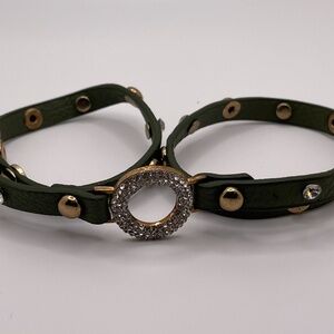 Green & Gold Studded Leather Wrap-Around Studded Cuff Bracelet- Large